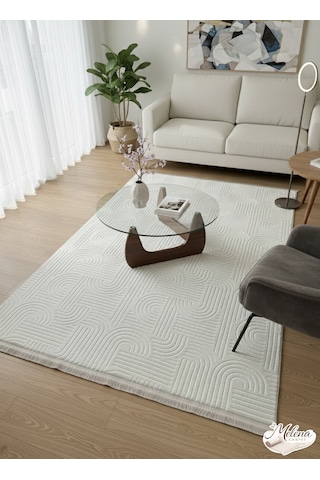 Konak Halı Modern Salon Halısı Premium Seri Krem Emboss Kabartmalı Saçaklı Kaymaz Taban Krem