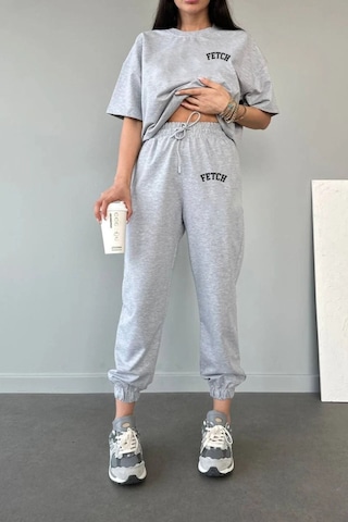 Fetch T-shirt Eşofman Altı Jogger Gri Baskılı Alt Üst Eşofman Takımı Oversize Bisiklet Yaka Gri