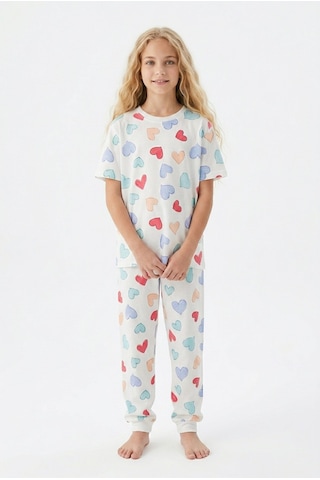 Alkın Kids 3-13 Yaş Kız Çocuk Kalp Desenli %100 Pamuklu Kısa Kollu Pijama Takımı Beyaz