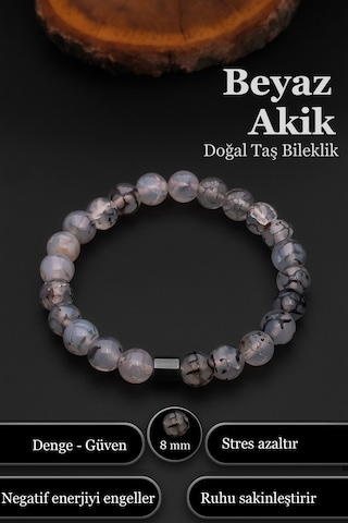 Beyaz Akik Bileklik Kadın Erkek Doğal Taş Bileklik Bt051 Beyaz - Siyah
