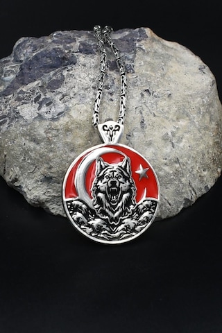 Kurt - Bozkurt - Ay Yıldızlı - Ay Yıldız Mineli 925 Ayar Gümüş Kolye Kral Zincir 2mm 902728