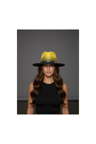 Gigi Luxe Özel Tasarım Fedora Fötr Şapka Ayarlanabilir Gold Aksesuarlı Kovboy Fötr Sarı Sarı