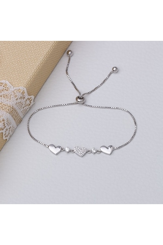 3'lü Kalp Model 925 Ayar Gümüş Kadın Asansörlü Bileklik Gümüş