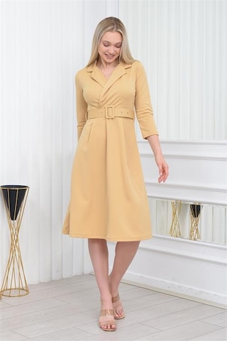 Neşeli Butik Kadın Kemer Detaylı Midi Boy Elbise Dks016 Bej