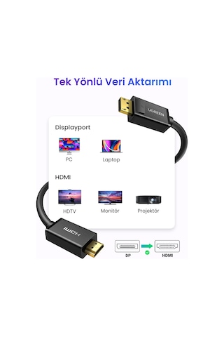 Ugreen 4k Displayport To Hdmı Dönüştürücü Kablo 1 Metre, Siyah, 10238
