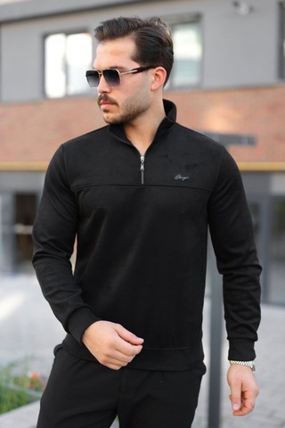 Butik İstanbul Erkek Süet Yarım Fermuar Dik Yaka Sweat Siyah