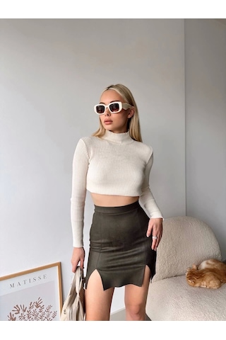 Çift Yurtmaçlı Süet Etek Haki S241002 Haki