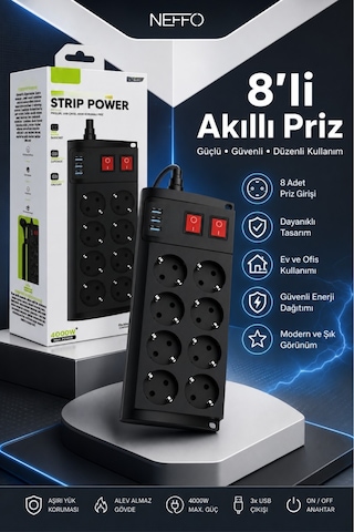 3 Usb Akım Ve Çocuk Korumalı 8li Priz 2mt 0 - 2 M