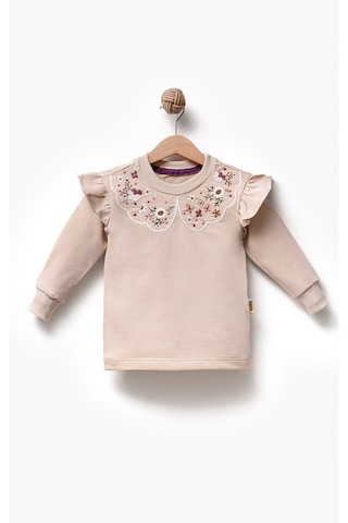 Overdo Kids Fırfırlı Yakası Çiçek Nakışlı 2 İplik Uzun Kol Kız Çocuk Sweatshirt Krem