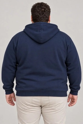 Suma Erkek Büyük Beden Üç İplik Şardonlu Kapüşonlu Fermuarlı Sweatshirt Lacivert