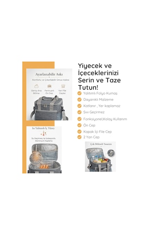 Termal Çanta 11 Lt Buzluk Çanta, Soğuk Tutan, Çift Saplı El & Omuz , File Kapaklı-314 Gri