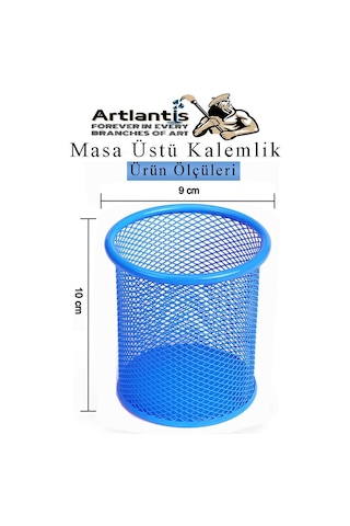Mavi Silindir Masa Üstü Kalemlik 1 Adet Metal Fileli Renkli Perforeli Yuvarlak Kalemlik Ofis Büro Okul Mavi