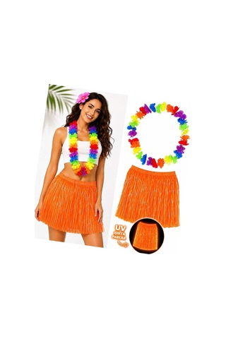 Neon Turuncu Hawaii Etek 40 Cm Ve Rengarenk Hawaii Kolye Evimdeyokyok