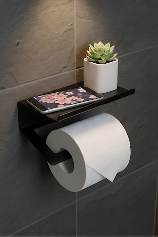 Modern Paslanmaz Metal Tuvalet Kağıdı Askısı Ve Organizer Raflı Tuvalet Kağıdı Wc Askısı Siyah