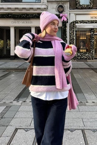 Madmext Pembe Bisiklet Yaka Çizgili Triko Kazak Mg2643 Pembe