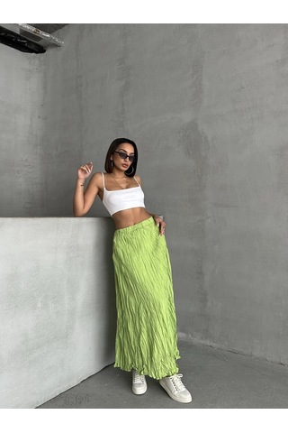Kadın Buruşuk Modal Dokulu Soft Uzun Etek Açık Yeşil