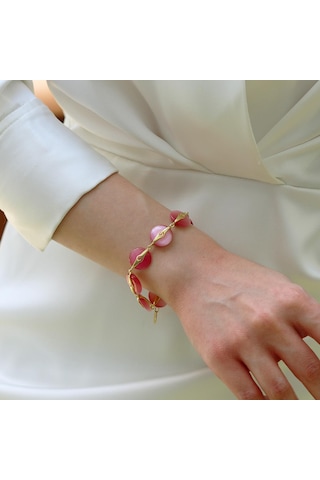 Pembe Kuvars Taşlı Gold Gümüş Bileklik Gümüş