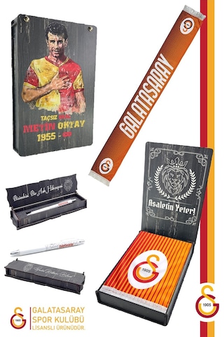Galatasaray Lisanslı Şal Kaşkol Atkı Ve Premium Uçlu Kalem Set Aslan Baskılı Ahşap Kutulu Sarı - Kırmızı.