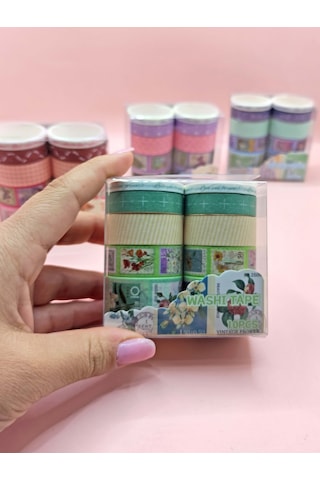 Vintage Washi Tape Bant Baskılı Yapışkanlı Maskeleme Kağıdı Desenli Bant 10'lu - Yeşil Pul Mektup 1