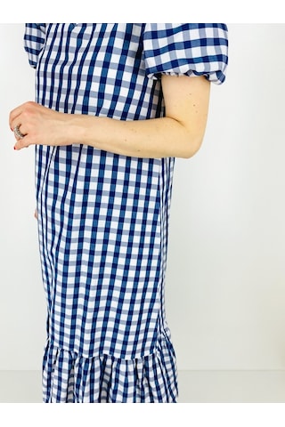 Ekose Desen Volanlı Elbise Mavi