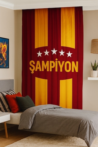 Taraftar Sarı Kırmızı Çift Kanatlı Fon Perde