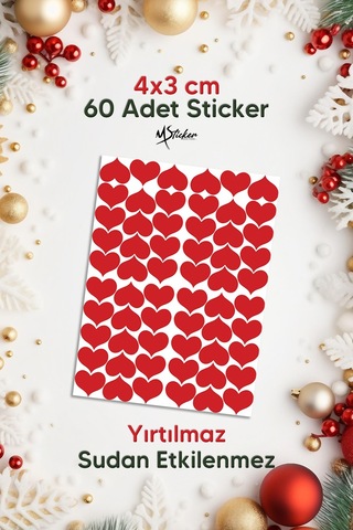 Yılbaşı Sevgililer Günü 3x4 Cm 60 Adet Kalp Sticker Seti, Hediye Paketi Süsü - Paketleme - Özel Kesimli