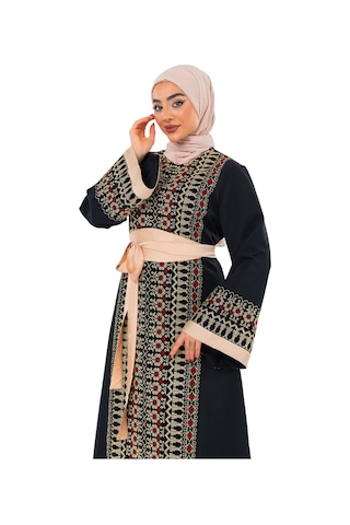 Zaytoon Uzun Kollu Tek Taraflı Nakışlı Kırmızı Kemerli Filistin Elbise C100057 Gold