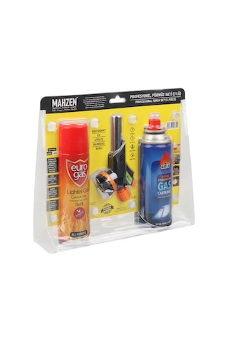 Mahzen Profesyonel 3 Lü Pürmüz Başlığı Seti Butan Propan Gaz Kartuşu 400ml Çakmak + Çakmak Gazı 270ml