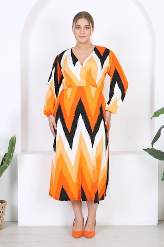 Mooi Xxl Kadın Turuncu Zigzag Desen Kruvaze Yaka Balon Kol Maxi Boy Bürümcük Elbise Turuncu