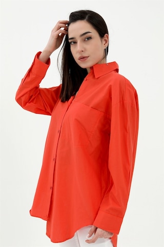 Tek Cepli Kolları Katlı Oversize Kalın Keten Gömlek - Turuncu-turuncu Turuncu