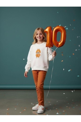 Kız Çocuk Pamuklu Karakter Baskılı Oversize Tasarım Sweatshirt-16454 Beyaz