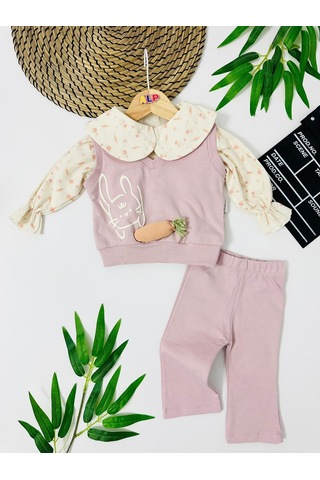 Albania Havuç Detaylı Müslin Gömlekdetaylı Omuzdan Çıtçıtlı 3 Lütakım Pembe