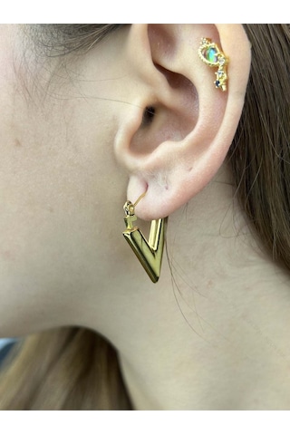 V Şekil, Paslanmaz Çelik Küpe 542, Altın Renk Altın