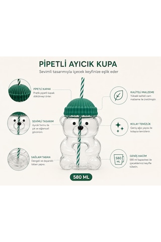 Orret Home 580 Ml Ayıcık Desenli Cam Bardak Pipetli Silikon Kapak Şeffaf Cam