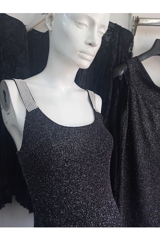 Siyah Uzeri Gümüş Simli Plastik Tasli Bodycon Elbise Siyah