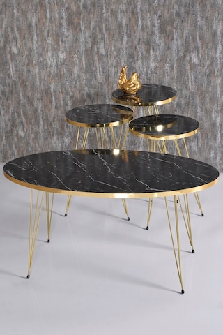 Zigon Sehpa Ve Orta Sehpa Elips Set Gold Tel Siyah Mermer Desen