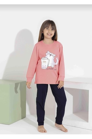 Kız Çocuk Kedi Baskılı Uzun Kollu Pijama Takımı Rahat Ev Giyimi-8411- Pembe