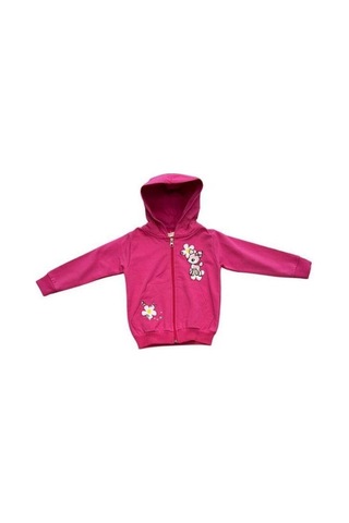 Kız Çocuk Pamuklu Önden Fermuarlı Kapüşonlu İşlemeli Eşofman Takımı-15114 Fuşya