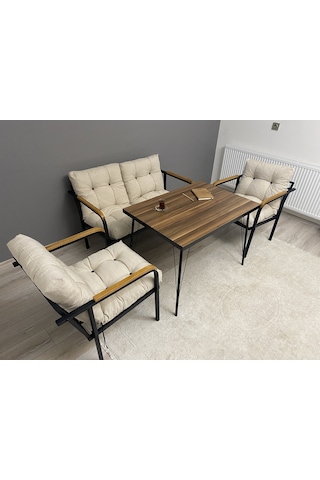 Modern Mars Balkon, Bahçe, Cafe - Metal Kanepe Koltuk Takımı - 2+1+1 + Masa Krem Modernsh34 Krem