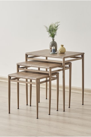 Damrin Serisi Traverten Desen 1. Sınıf Mebran Mdf 3 Lü Zigon Sehpa Takımı Ceviz Desen - Bronz Ayak