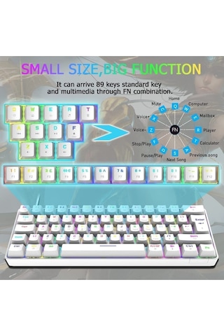 Trol Red Switch Mini Rgb Oyun Klavyesi Gaming Mekanik 62 Tuşlu 18 Led Usb Type-c Kablosu Beyaz Lcd