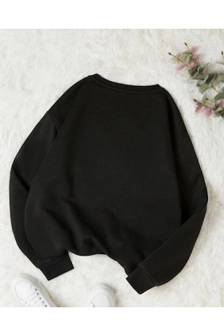 Tatlı Kedi Tasarım Sweatshirt - Siyah Baskılı Oversize Kalın Kışlık Bisiklet Yaka Siyah