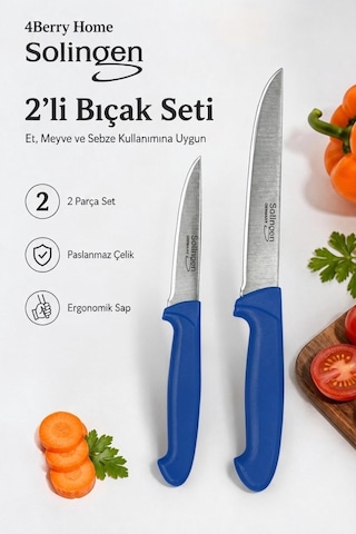 Solingen 2 Li Paslanmaz Çelik Mutfak Bıçağı Seti Et, Meyve Ve Sebze Bıçağı Mavi