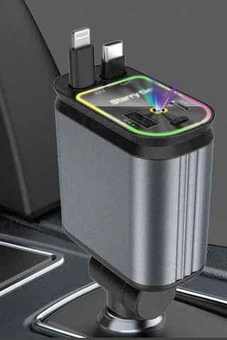 Acl Acc-01 Rgb Işıklı 66w Araç Şarj Cihazı 4in1 Geri Çekilebilir Kablo Type-c + Lightning Yıld