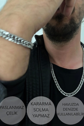 Küba Zincir Kalın Model Çelik Zincir Kolye Karma Serisi Silver