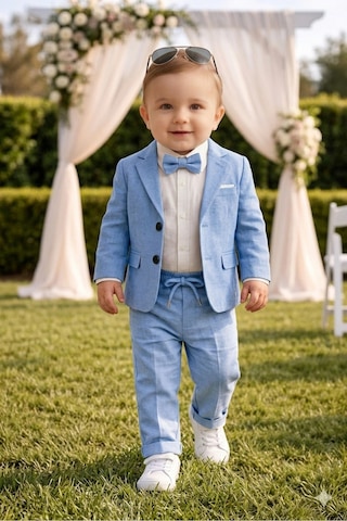 Baby Kids Colors Flamlı Keten Salaş Ceketli Takım Elbise/gömlek Pantolon Ceket Papyon Mavi