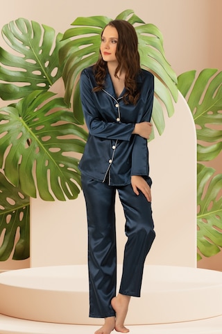 D Kit Boutique Kadın Uzun Kollu Önden Düğmeli Saten Pijama Takımı Lacivert