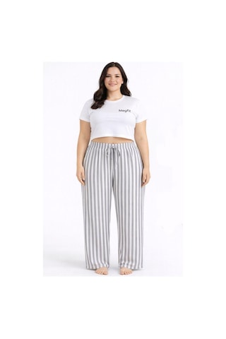 Viskon Pamuklu Kadın Büyük Beden Açık Gri Çizgili Pijama Pantolon - Mgb006 - Mudanis