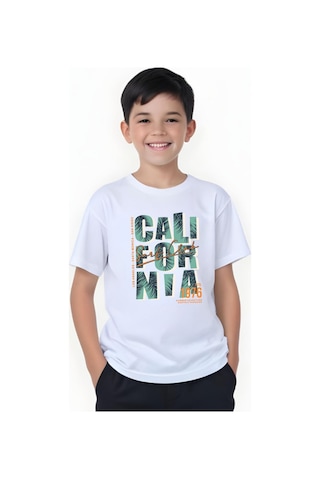 Panios Kids 1976 Cali Baskılı Erkek Çocuk Yuvarlak Yaka Kısa Kollu T-shirt Beyaz