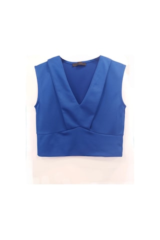 Fashion Cocktail Solid Çift Kat V Yaka Kolsuz Göbek Açık Sade Kombin Kadın Body Crop Mavi Mavi